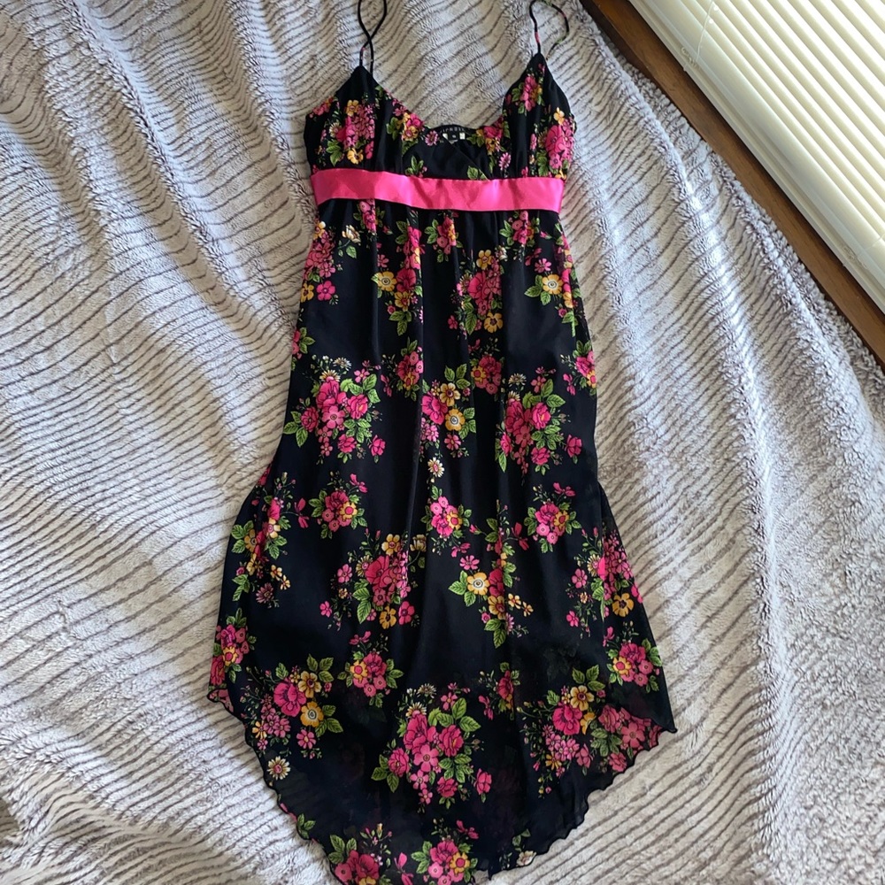 Hipnotix Vintage Dress black and pink floral with tie Size small mini midi indie
